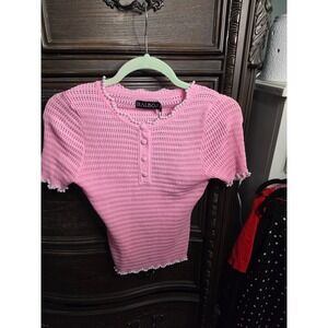 Balboa Fashion Olimpia Pink Pointelle Pearl Trim Henley Knit Top Small NEW